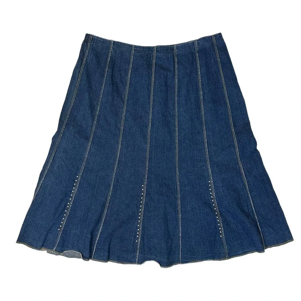 Reba Woman Dark Wash Denim Skirt Med Length W/ Silver Brads - Picture 1 of 4